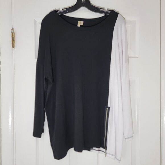 Comfy‎ USA Modal Stretch Colorblock 3/4 Sleeve Tunic Top Lagenlook White Black L - Picture 1 of 12